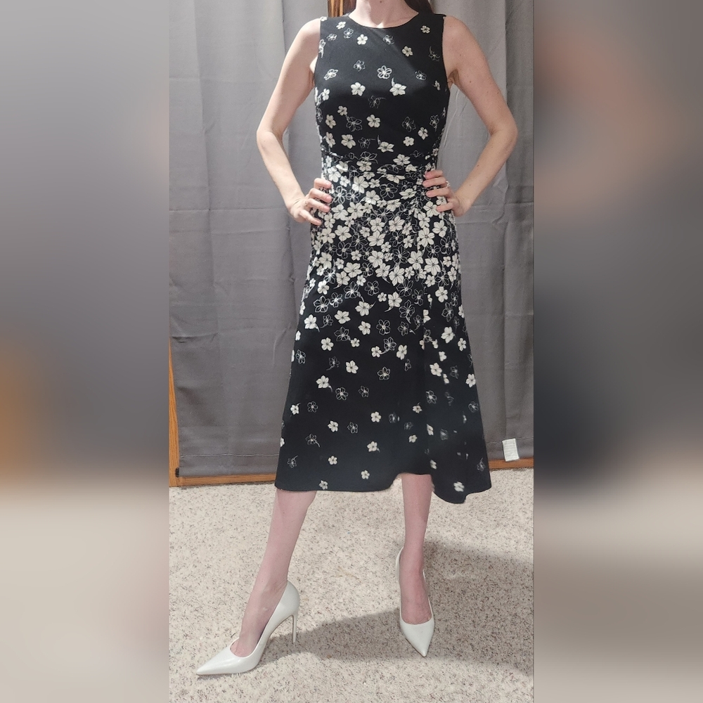American Living Black And White Floral Silk Midi Dress